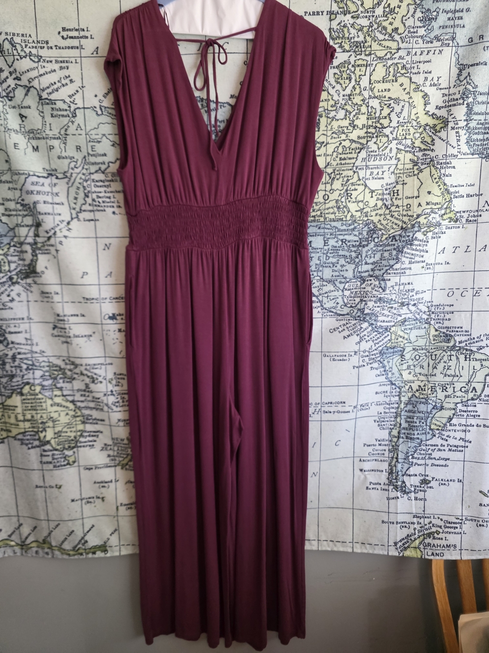 Old Navy Deep Plum V-Neck Jumpsuit with Smocked Waist - Picture 3 of 4